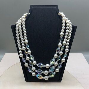 Vintage faux pearl AB beads triple strand statement necklace.